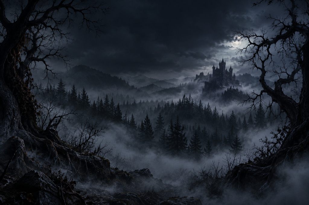 Paesaggio di Barovia con castello e nebbia
